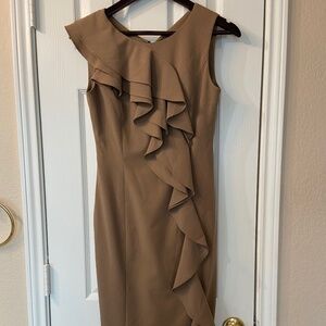 CALVIN KLEIN Hazelnut Brown Asymmetrical Ruffled Career Sleeveless Dress